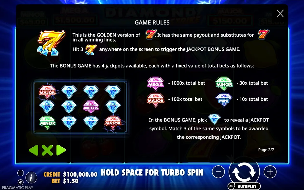 Reglas página 2/7: el 7 dorado activa el bonus de jackpots Mega, Major, Minor y Mini.