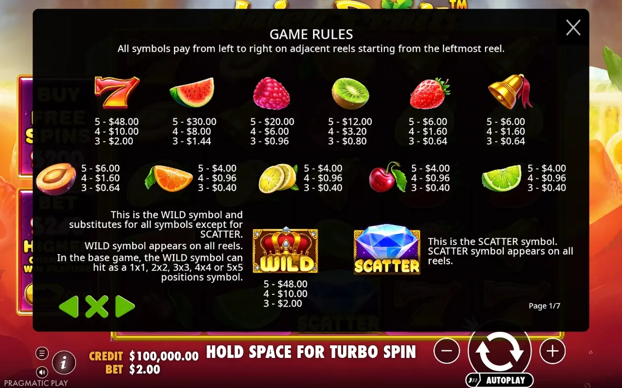 Tabla de pagos: valores de las frutas, símbolo WILD corona y SCATTER diamante, página 1 de 7.