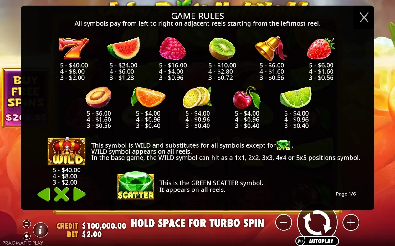 Tabla de pagos con fruta, siete, campana, comodín corona y símbolo scatter verde con sus pagos.
